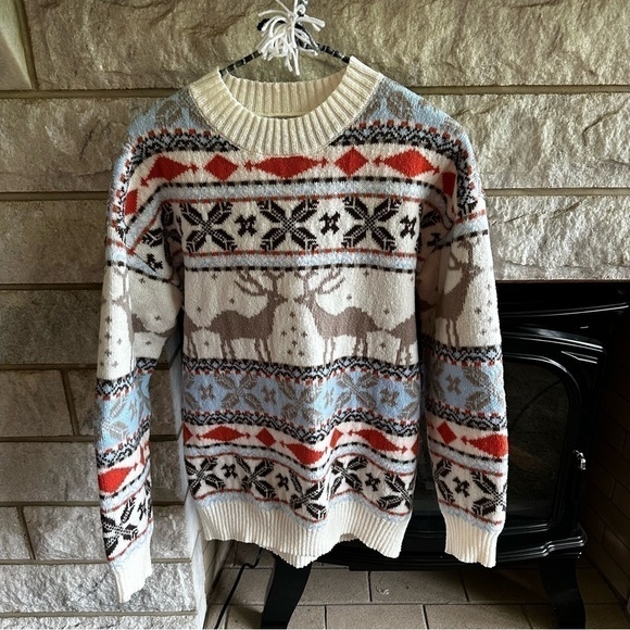 Reindeer winter sweater large white orange blue brown - Picture 1 of 8